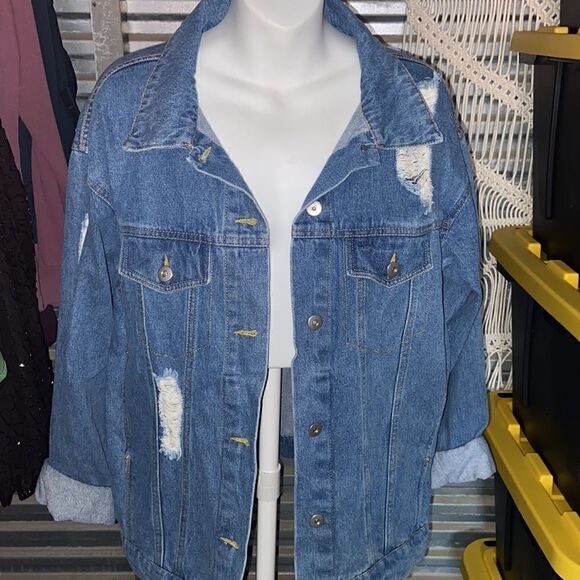 Love Tree Oversized Distressed Denim Blue Jean Jacket Medium - Picture 1 of 8